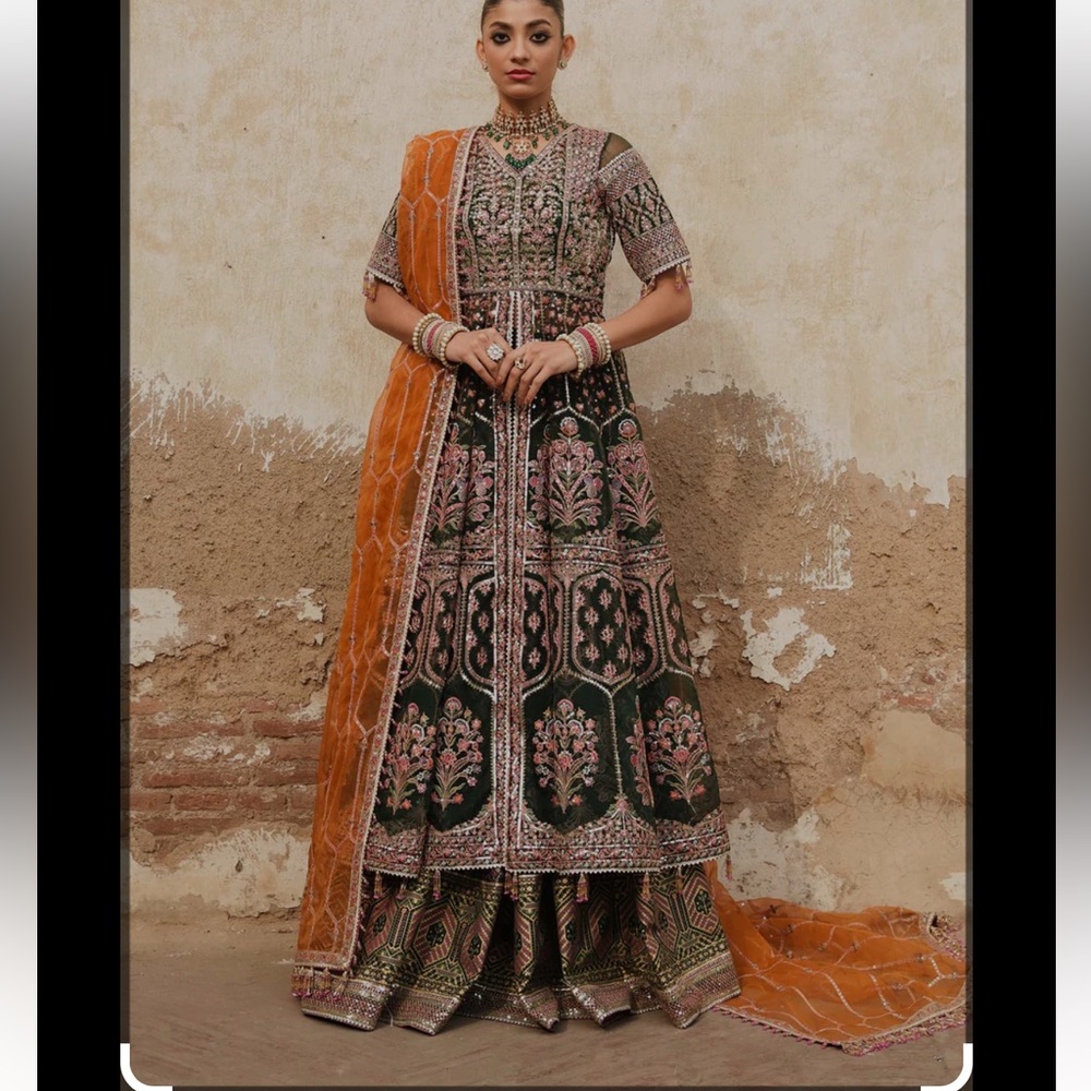 Elegant Green and Orange Embroidered Lehenga